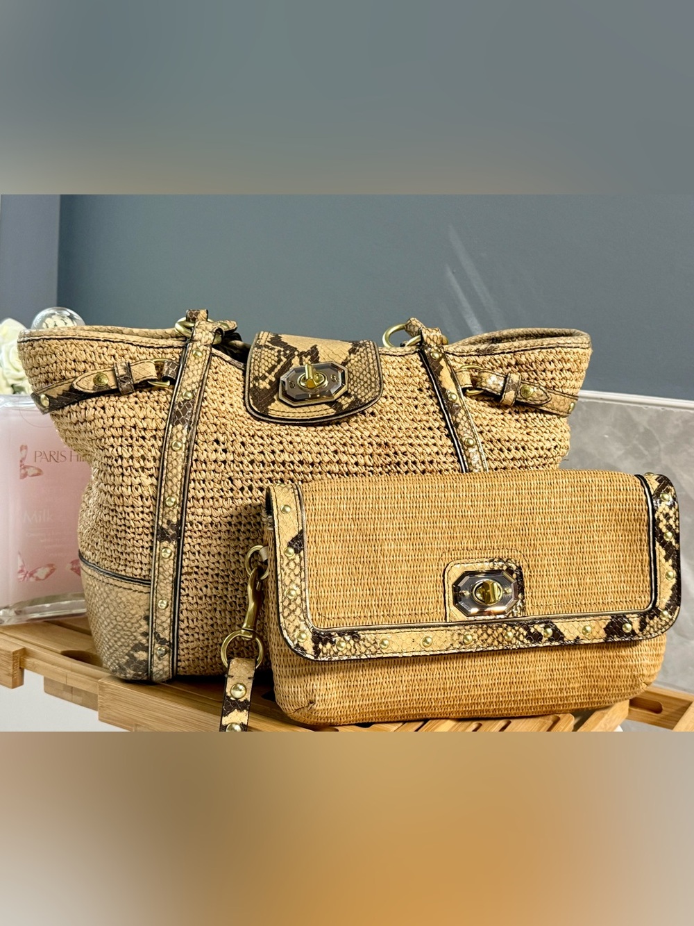 Coach Straw Tote and Crossbody Wallet - Natural Tan with Snakeskin Trim